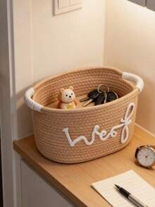 A Woven Rope Storage Basket With The Word "Woof" Embroidered On It - A Pet Toy Storage Basket, Capable Of Holding Teething Toys, Blankets And Leash Ropes. Navy Blue Handle, Stackable Design, Personalized Pet Storage Basket, Suitable For Cats And Dogs. Pet Gift.Storage Bins Baskets For Gifts,Storage Baskets,Storage Bins,Valentines Basket,Basket Storage - Multicolor - View 4