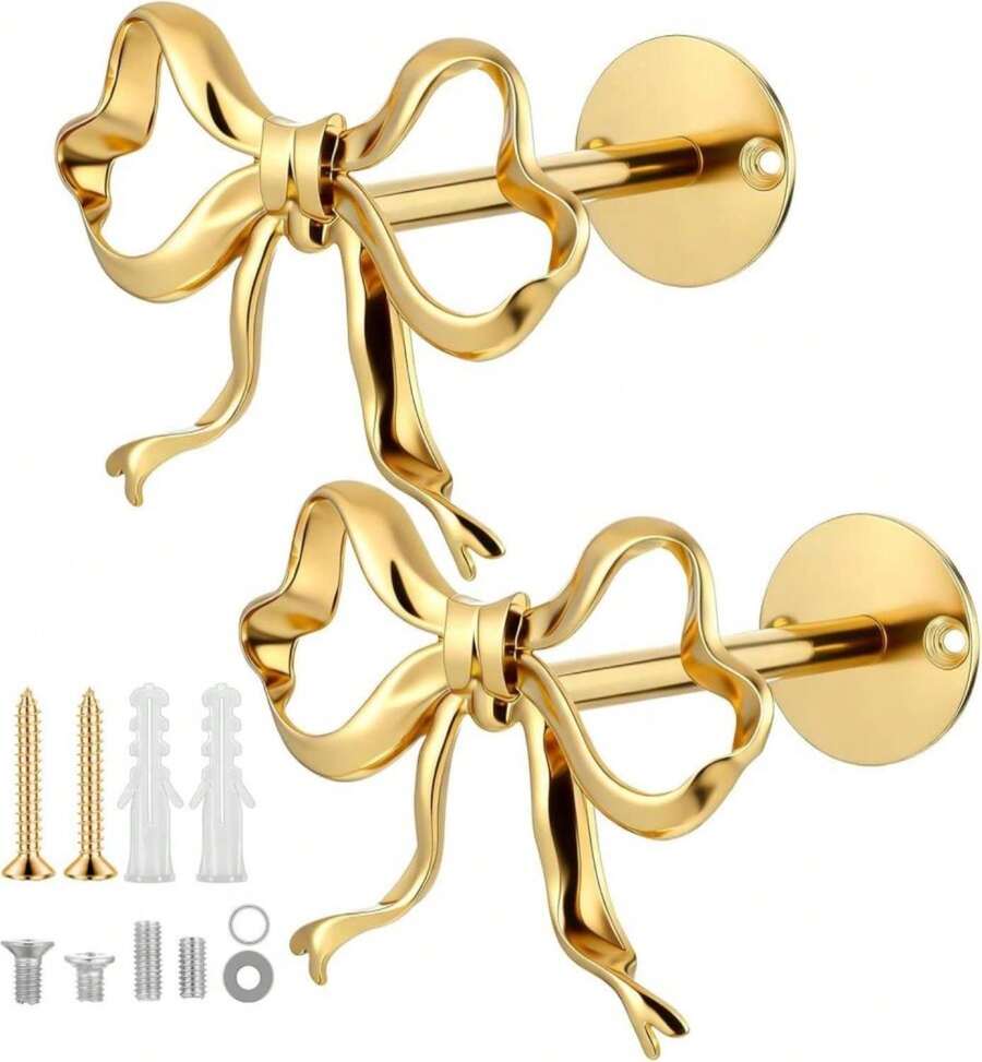 COMNICO 2 Pack Metal Bow Curtain Holdbacks, Gold Metal Wall Mounted Bow Wall Hooks Modern Gold Holders For Office Bathroom Bedroom Living Room Home Decorative - White - View 1