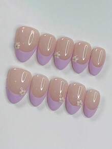 10片紫色杏仁形短款简约百搭可爱小白花美甲贴片，手工制作可爱少女Y2K风格按压式美甲贴片，美甲配件，美甲用品，手工按压式美甲贴片 - 紫色 - 查看 2