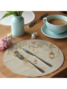 1 Peça Tapete de Refeição da Lua do Ramadã, Tapete de Refeição Redondo Impresso com Lua de Linho, Tapete Isolante Anti-Sujeira, Decoração Simples, Tapete para Refeição Ocidental Adequado para o Ramadã e Decoração Doméstica - Multicolorido - Visão 2