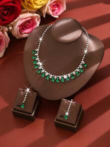 Elegant Women's Jewelry Set, Teardrop Necklace + Earrings, Copper Material Inlaid With Rhinestones, Suitable For Weddings, Banquets, Balls, Parties, And Valentine's Day Gifts - 1798 Blue Suit - View 8