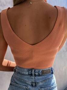 Acelitt Áo tank top nữ màu trơn, cổ chữ V, chất liệu len dệt kim, kiểu dáng casual, hở lưng, thích hợp cho kỳ nghỉ hè. - trái cam - Xem 2