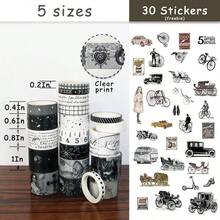 20 Rolls Vintage Washi Tape Set 30 Pcs Black Retro Sticker, Wide Floral Aesthetic Masking Tape Scrapbook Supplies, Junk Journal, Planner, Decor, Black - 黑色 - 查看 3