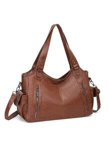 防水商务休闲PU手提包，多口袋设计，带隔层，多功能单肩斜挎包，适合年轻女孩、女大学生、白领和职场新人，完美适用于工作、商务通勤、购物、户外旅行和上学，大容量女包 - 棕色 - 查看 2