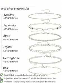 6 件套手链，合金圆珠链盒式链，简约时尚，百搭饰品，适合日常佩戴，包含回形针链、人字纹链和费加罗链设计，情人节配饰 - 彩色 - 查看 8