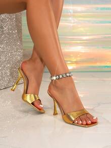 Women's Solid Color Square Toe Mule Stiletto Super High Heel Sandals - Gold - View 6