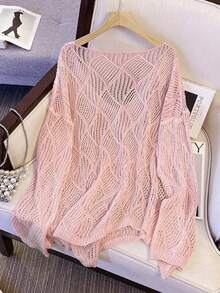 女士V领镂空菱形宽松针织罩衫，轻盈透气，适合海滩度假，春夏粉色 - 粉色 - 查看 2