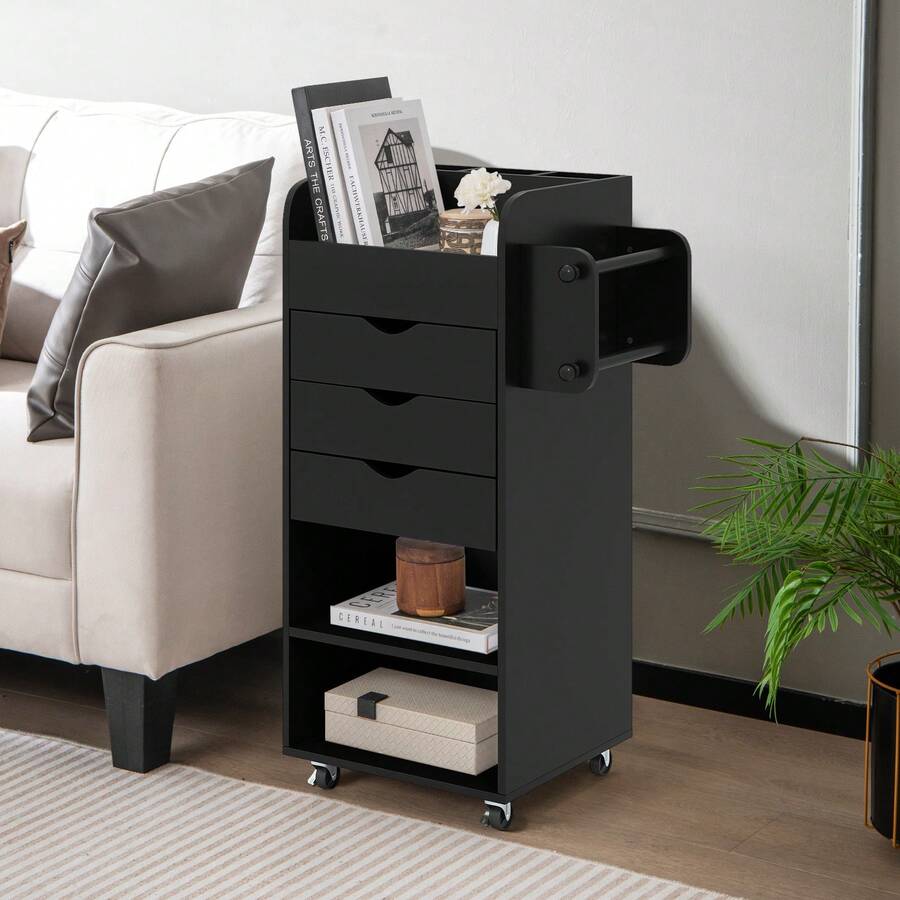 COSTWAY Mobile Rolling Storage Cart With 3 Drawers 2 Shelves And 2 Dowel Rods, Black - 黑色 - 查看 1