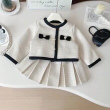 两件套女童秋冬套装，时尚蝴蝶结外套和纯色百褶裙 - 米色 - 查看 4