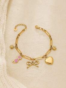 1pc Cute Dripping Kitten Bow Heart Pendant Stainless Steel Handmade Bracelet, Fashionable Design, Suitable As A Gift Bracelet For Girls, Pink, Adjustable And Detachable Bracelet. - Gold - View 6