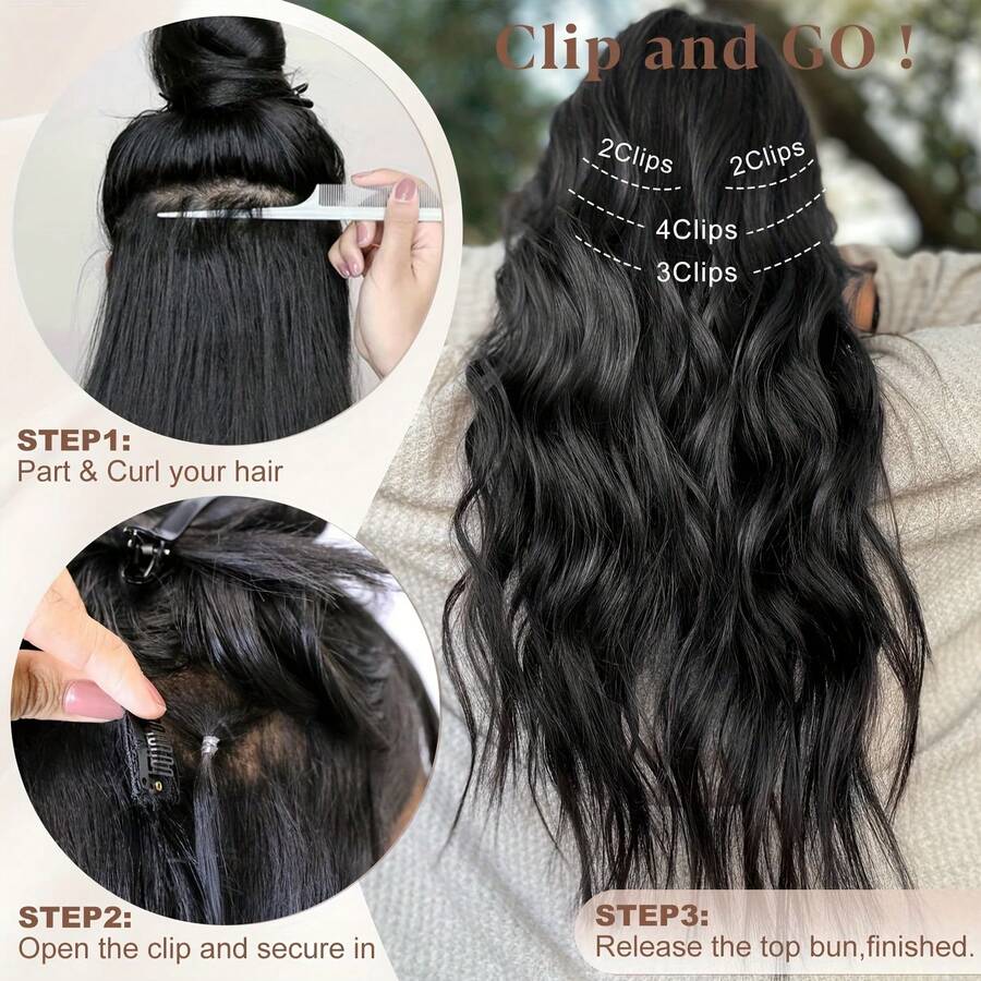 Long Wavy Clip-In Hair Extensions Women - 4PCS Thick Synthetic Hairpieces With Snap Clips, Easy To Wear & Comfortable, Daily Use, Parties And Styling - Dark Brown - Xem 1