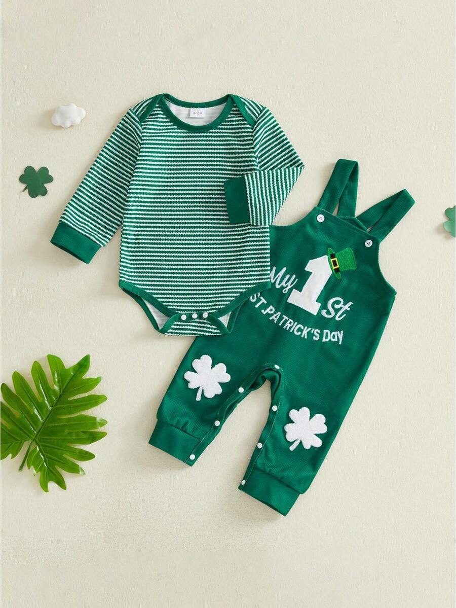 My First St Patricks Day Baby Boy Outfit Set Romper Overalls 2Pcs Spring Holiday Wear 0-18M - 綠色 - 查看 1
