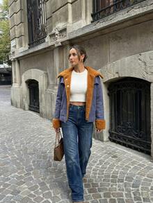 Women's Luxury Blue Suede Jacket Elegant Caramel Teddy Fur Trim Lapel Coat, Thick Warm Winter Outerwear For Carnaval Party Night Out Streetwear Chic Mob Wife Aesthetic Old Money Bontjas Fashion - Blue - View 11