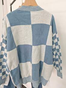 大码休闲格子图案套头毛衣 - 天藍色 - 查看 2