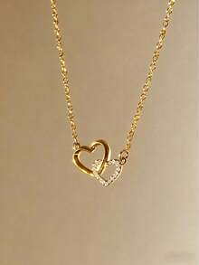 时尚心形水钻吊坠项链，精致锁骨链，百搭女士饰品 - 金黃色 - 查看 1