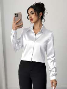 Elegant Collared Front Button Faux Silk Satin Satin Long Sleeve Women Blouse, Suitable For Daily Commute - White - View 4