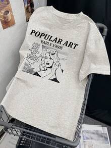 1pc Women's Casual Loose Fit Anime Print Cute Graphic T-Shirt, Versatile Round Neck Top, Spring/Summer 2026 - Light Gray - View 5