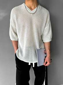 YONGC Men's Hollow-Out Semi-Sheer Lightweight Solid Color Drop Shoulder Half Sleeve Knit Top, Men's Casual V-Neck Knit Sweater, Men's Summer Vacation Wear, Minimalist Relaxed Fit, Vintage Style, Suitable For Casual And Office Commute - White - View 3