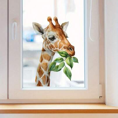Animal Wall Stickers Decoration Window Glass Door Stickers Self-Adhesive Giraffe Eating Grass Stickers Bedroom Bathroom Kitchen Home Decoration Wall Stickers Removable Stickers