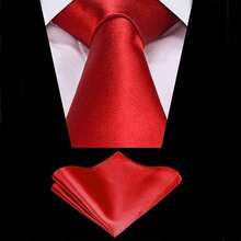 1 Set Men Solid Color 8cm Necktie And Pocket Square Set, Satin Tie And Handkerchief Set, Business Necktie And Pocket Square Men Necktie - Đỏ - Xem 2