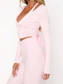 Ballet Wrap Tops For Women Y2K Long Sleeve Ballet Pilates Yoga Wrap Tie Back Tops Deep V Neck Cross Wrap Workout Gym Shirts Cardigan - 粉色 - 查看 2