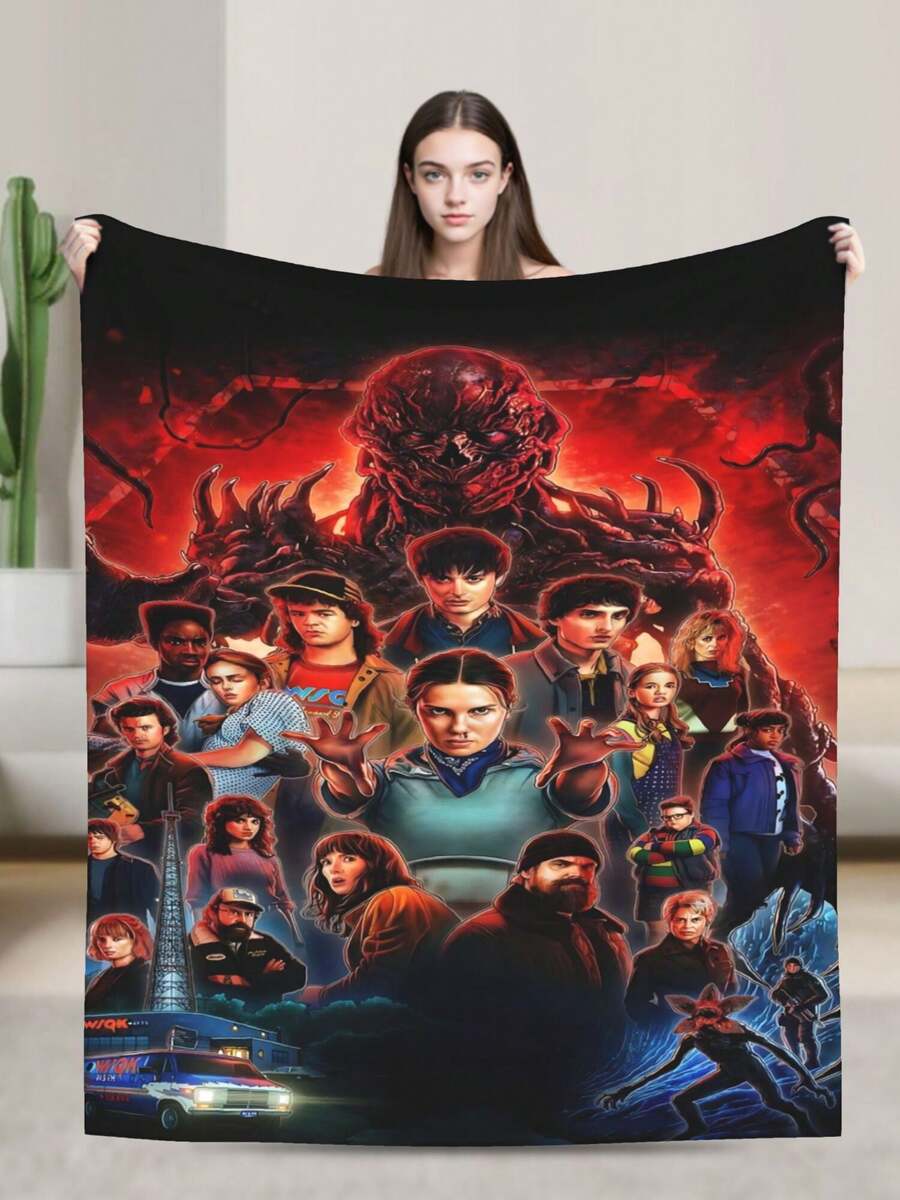 1pcs Soft Personalised STRANGER Fantasy Flannel Thick Blanket, Suitable For Sofa, Bed, Living Room, Travel, Office, Shawl, Nap Blanket, Air Conditioning Blanket, Bed Sheet, Camping, Ideal Gift, Daily Gift - màu đen - Xem 1