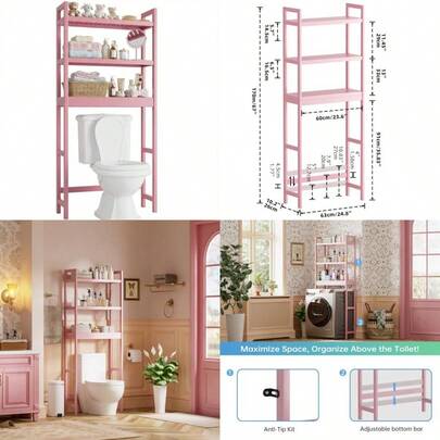 Bathroom Storage Shelf Bamboo Over-The-Toilet Organizer Rack Freestanding Toilet Space Saver With 3-Tier Adjustable Shelves Pink