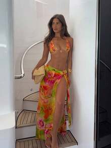 3pcs/Set 2026 Floral Sexy European & American Style Swimsuit, Summer Vacation Mesh Maxi Skirt Bikini Beach Swimwear - Multicolor - View 1