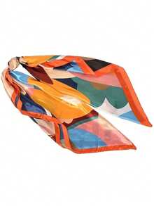 Fashionable Floral Print Women's Square Scarf, Casual Sun Protection Headscarf, Large Scarf/Shawl - Orange - View 3