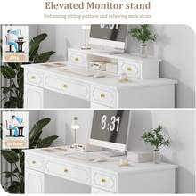 Computer Desk With 7 Drawers And Hutch, 54 Inch Home Office White Writing Desk With File Drawer And Shelves For Work Writing Study, Vanity Desk With Golden Handle For Girls, Bedroom, Black/ White - White - View 6