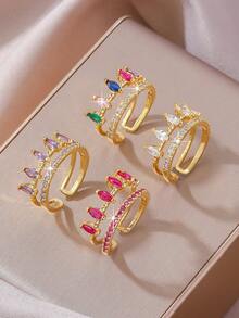 Elegant Crown Crystal Open Ring - Women's Gold-Tone Stackable Ring | Sparkling Personalized Jewelry Suitable For Brunch And Night Out