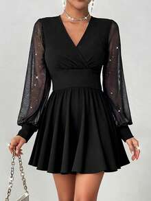 女士纯色交叉V领灯笼袖优雅连衣裙