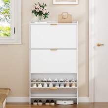 HEXCELEN Shoe Cabinet With 3 Doors, Shoe Rack, Narrow Shoe Cabinet, Adjustable, Shoe Storage, 18-24 Pairs, Large Capacity For Entryway, Hallway, Wardrobe, 24 X 76 X 138 Cm, White - 白色 - 查看 2