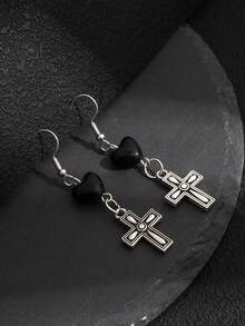 1 Pair Vintage Dark Punk Style Heart & Cross Carved Earrings For Women - Silver - View 2