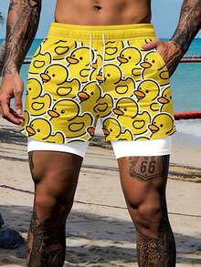 Men's Summer Duck Print Double-Layer Beach Shorts, Vacation Style - Multicolor - View 2