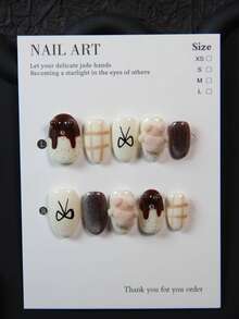 10pcs Handmade Almond-Shaped Nail Art Stickers, Acrylic Nail Decals With 3D Bear, Butterfly, Asymmetrical Line Designs, Suitable For Women & Girls, Party, Wedding, Daily Wear, DIY Manicure, Includes Tool Kit. Handmade Nail Stickers. False Nails. Nail Art Supplies - Chocolate Brown - View 3