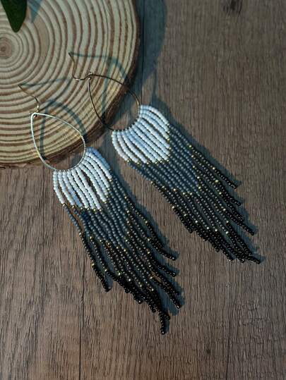 AHAYA 手工水滴形金属耳环，配长流苏，波西米亚风串珠耳环，轻盈奢华，百搭配饰，适合日常、海滩、度假佩戴，也是情人节礼物的理想之选。