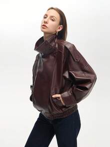 女士宽松仿皮休闲长袖立领夹克 - 酒紅色 - 查看 5