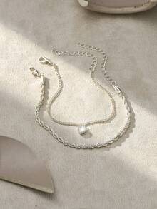 2件套优雅银色扭纹链和基础款链条组合心形吊坠手链套装，适合情人节和母亲节。 - 銀色 - 查看 2