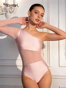 DonsGirl 1pc Women's Swan Lake Ballet Leotard - Sequin & Mesh Patchwork, Asymmetric Design, Single Sleeve With Finger Ring, Holiday/Party Gift - Baby Pink - View 2