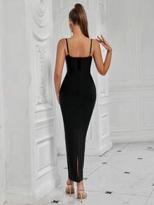 Elegant Spaghetti Strap Floral Decor High Waist Tie Midi Party Dress, Suitable For Ball, Birthday Party, Formal Dinner, Date, Homecoming, Wedding Guest, Cocktail Party, Family Gathering And Other Occasions - Black - View 2