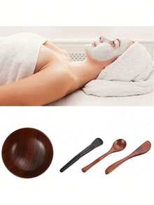 3pcs Wooden Facial Mask Bowl, Brush, Stick Mask Beauty Tool Set, Wooden Skincare Tool Set, Mask Oil Adjustment SPA Set, Wooden Facial Mask Bowl Set, Mask Adjustment Stick Beauty Makeup SPA Tool 3pcs Set, Beauty Mask Bowl Spoon Brush