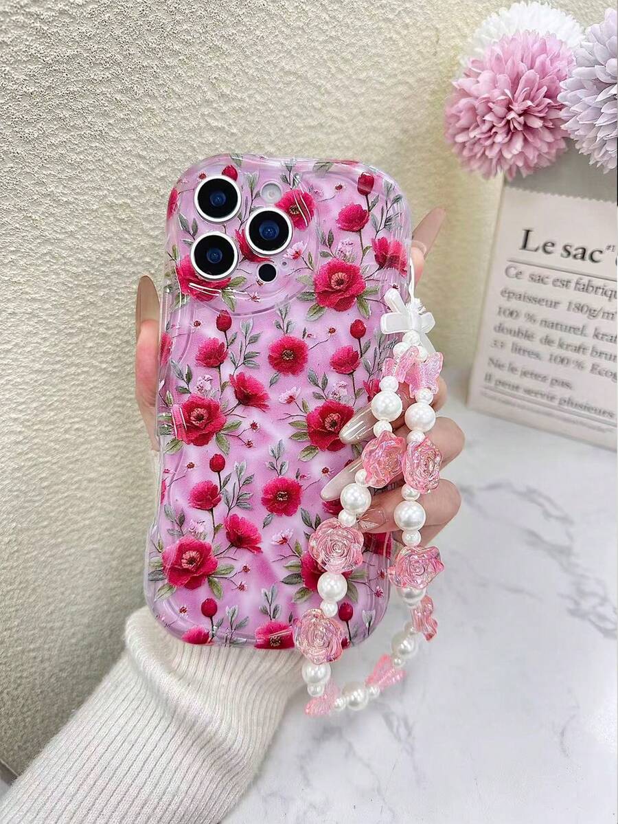1pc Transparent Cartoon Phone Case With Cream Floral Pattern And Chain, Compatible With IPhone 14, 14 Pro, 14 Pro Max, 13, 13 Pro, 13 Pro Max, 11, 11 Pro Max, 12, 12 Pro, 12 Pro Max, XR, XS, 15, 15 Pro, 15 Pro Max, 16, 16 Pro, 16 Pro Max, 17, 17 Pro, 17 Air, 17 Pro Max, Galaxy S24, A04, A12, A13, A14, A23, A24, A32, A33, A51, A52, A53, A54, A72, Redmi 9, 9A, And Other Models - Multicolor - View 1