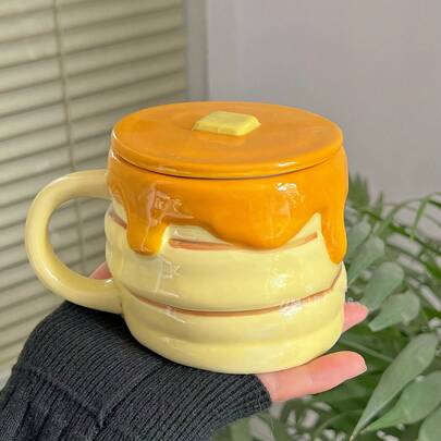 Cốc sứ 300ml in hình bánh kếp mật ong sáng tạo có nắp đậy, cốc cà phê, món quà sinh nhật hoàn hảo cho trẻ em và phụ nữ, chiếc cốc dễ thương và đáng yêu.