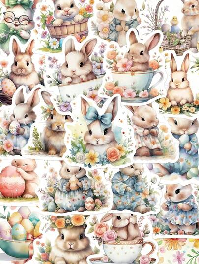 50张复活节彩蛋兔子贴纸，复活节主题贴纸，可爱兔子DIY装饰贴纸，适合复活节派对家居装饰，可爱兔子图案礼品包装贴纸，派对小礼物，寻蛋装饰，复活节礼物