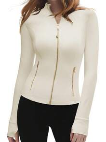 Women Golden Full Zip Up Workout Cropped Jackets Lightweight Athletic Yoga Tops - màu đen - Xem 7