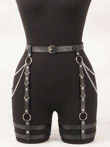 Pu Leather Thigh Garter Belt Leg Harness, Punk Thigh Harness Belt, Punk Rave Outfit Belt. - Black - View 7