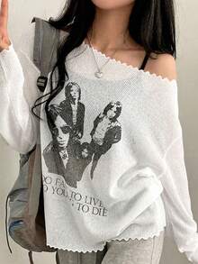 新款印花不对称领长袖女式衬衫 - 白色 - 查看 3