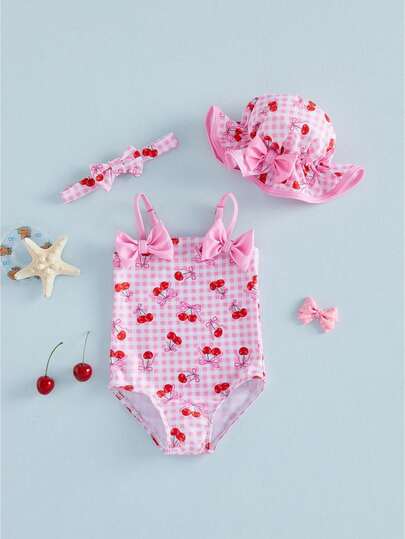 6 Months-5 Years Girl Summer Cami Swimsuit Strawberry/Bow/Cherry Print Bathing Suit Headband Hat Sets
