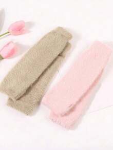 1 Pair Women's Soft Fuzzy Half Finger Gloves, Warm Arm Warmer Fingerless Mittens, Cute Long Sleeve Design For Autumn/Winter - Multicolor - View 3